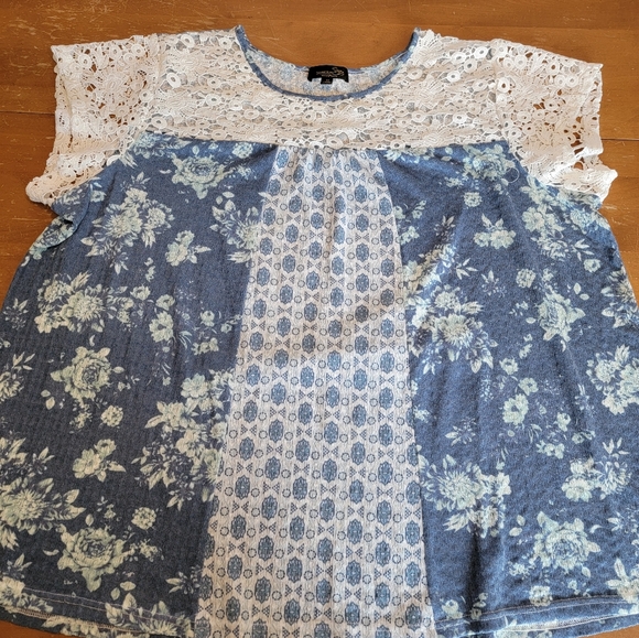 Suzanne Betro Womens Ivory & Blue Floral Lace Blouse Plus Size 4X - Picture 7 of 11